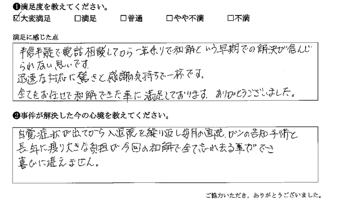 迅速な対応に驚きと感謝の気持ちで一杯です。