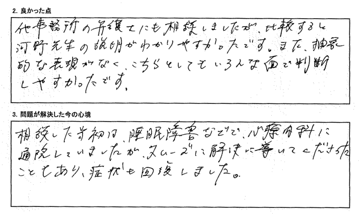 他の事務所の弁護士にも相談しましたが、抽象的な表現がなく、担当いただいた先生の説明がわかりやすかったです。