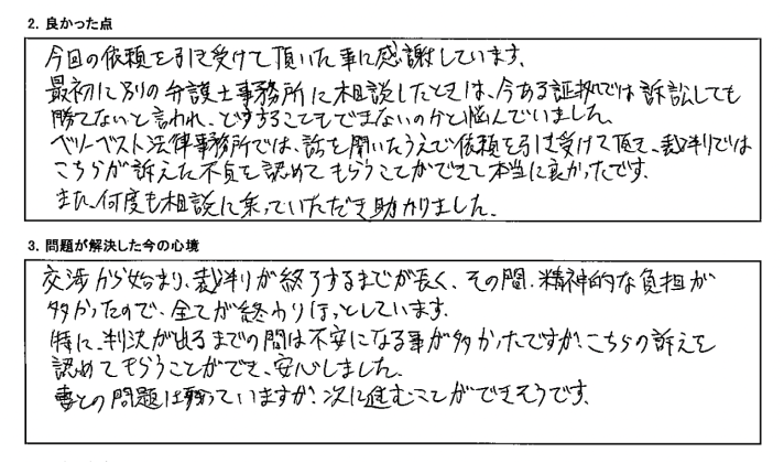 ベリーベスト法律事務所では、まず依頼を引き受けて頂き、裁判ではこちらが訴えた不貞を認めてもらうことが出来て本当に良かった