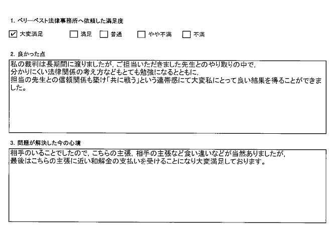 こちらの主張に近い和解金の支払いを受けることになり大変満足