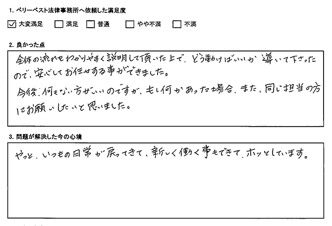 全体の流れを説明した上で、導いて下さったので、安心してお任せする事ができた